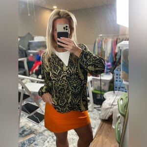 Zara Long Sleeve Blouse Green Gold Black Paisley Print Women Size XS V Neck Top